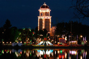 Lakeside's "Tower of Jewels" looms over the park at night.